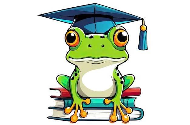 Foto ein liebenswerter frosch zieht sich eine graduierte mütze an und sitzt mit büchern in flacher abbildung