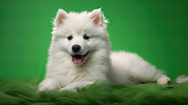 Ein liebenswerter, gemischter weißer Welpe und ein Samoyed-Hund spielen im grünen Gras im Hintergrund