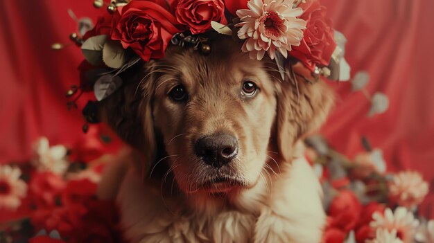 Ein liebenswerter Golden Retriever-Hundchen sitzt in einem Bett mit roten Blumen