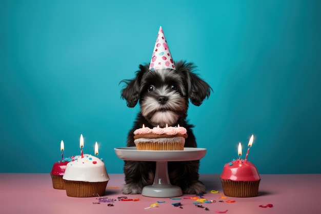 Ein liebenswerter Hund trägt einen festlichen Partyhut und feiert mit einem Kuchen