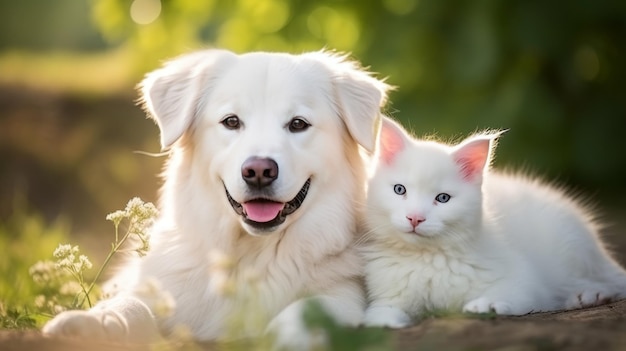 Ein liebenswerter Hund und eine Katze kuscheln zusammen auf einem üppig grünen Grasfeld im Frühlingssonnenlicht