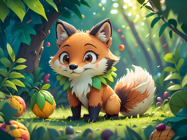 Ein liebenswerter kleiner Fuchs, der den Wald mit einem neugierigen Gesichtsausdruck erkundet