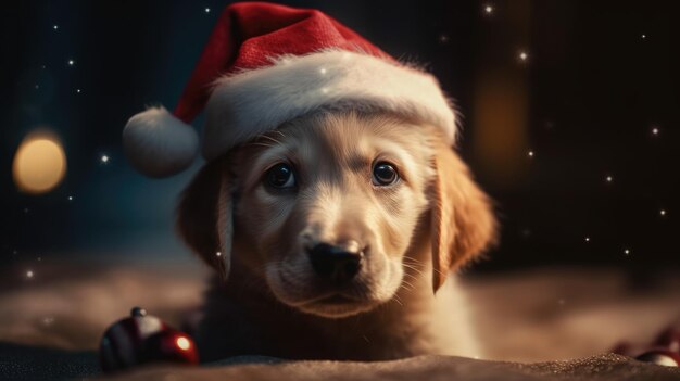 Ein liebenswerter kleiner Hund sitzt mit einem Weihnachtsmannshut, der mit generativer KI erstellt wurde.