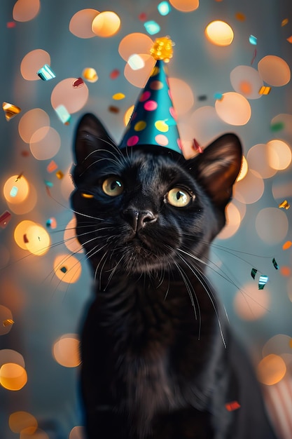 Ein liebenswerter schwarzer Panther trägt einen bunten Partyhut im Herzen einer Neujahrsfeier, die von blendenden Bokeh-Lichtern beleuchtet und von festlichen Konfetti umgeben ist