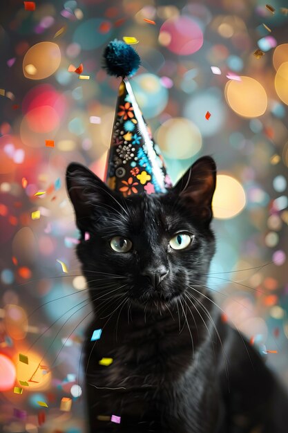 Ein liebenswerter schwarzer Panther trägt einen bunten Partyhut im Herzen einer Neujahrsfeier, die von blendenden Bokeh-Lichtern beleuchtet und von festlichen Konfetti umgeben ist