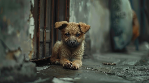 Ein liebenswerter streunender Welpe Ein herzberuhigendes Bild eines obdachlosen, aber niedlichen Hundes in Trauer