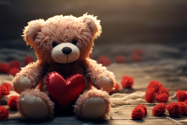 Ein liebenswerter Teddybär mit einem roten Herz Valentinstagskonzept