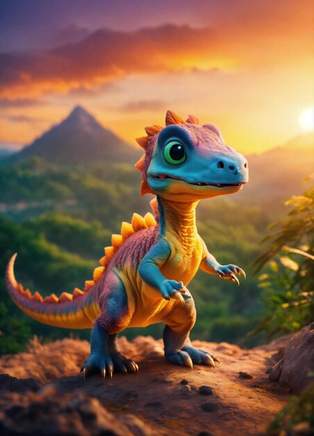 Ein liebenswerter und kleiner Dinosaurier mit großen, farbigen Augen brüllt auf der Spitze eines Berges mit Dschungel