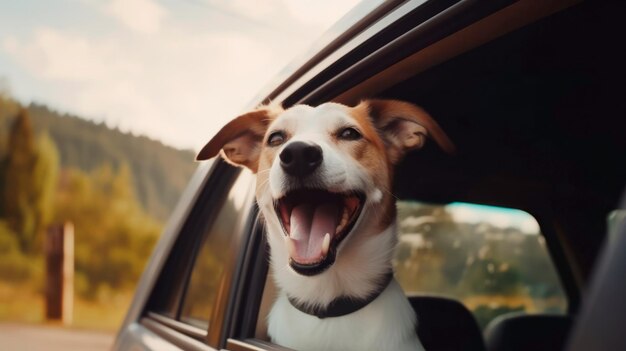 Ein liebenswerter weißer, flauschiger Hund, der aus dem Autofenster schaut