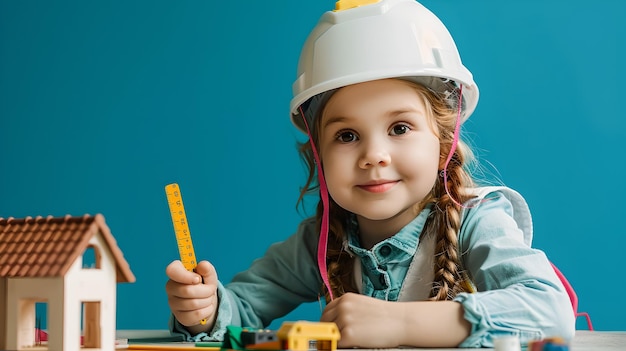 Ein liebenswertes junges Mädchen spielt als Ingenieur mit Spielzeug Kreatives Kindheitskonzept mit Schwerpunkt auf Konstruktionslernen und Fantasie Studio-Aufnahme auf lebendigem Hintergrund KI