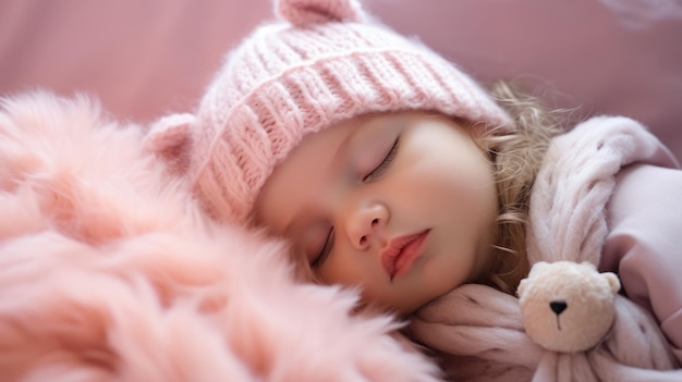 Ein liebenswertes Mädchen schläft tief mit einem pinkfarbenen Stofftier