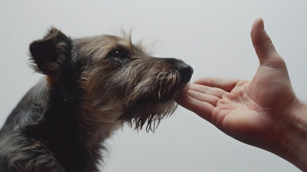 Ein liebevoller Hund erhält einen Leckereien von einer menschlichen Hand ein herzliches Haustier Moment freundliche Interaktion Bindung zu Tieren einfacher Hintergrund Porträtorientierung natürliche Beleuchtung KI