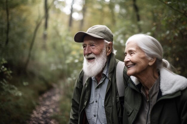 Ein liebevolles älteres Ehepaar geht spazieren und genießt gemeinsam die Natur, die mit generativer KI geschaffen wurde