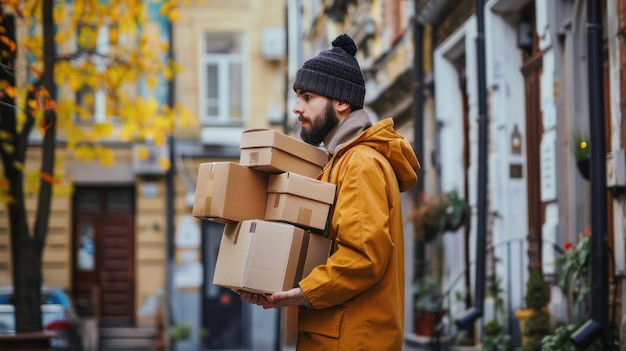 Foto ein lieferant, der pakete zur verteilung transportiert