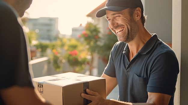 Ein Lieferbote mit schwarzem Poloshirt reicht einem Kunden lächelnd von hinten ein Paket