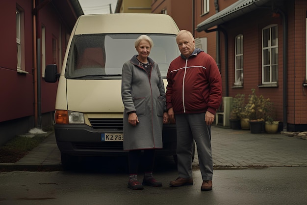 ein Liefermann steht neben einer älteren Frau