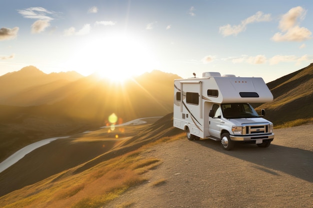 Ein Lieferwagen, der vor einem natürlichen Hintergrund mit Blick auf die Berge auf einem Familien-Roadtrip mit dem Wohnwagen und Wohnmobil bei Sonnenuntergang geparkt ist