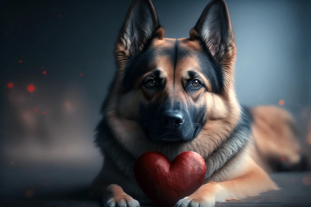 Ein liegender Hund mit rotem Herz Spielzeug Valentinstag Konzept Generative KI