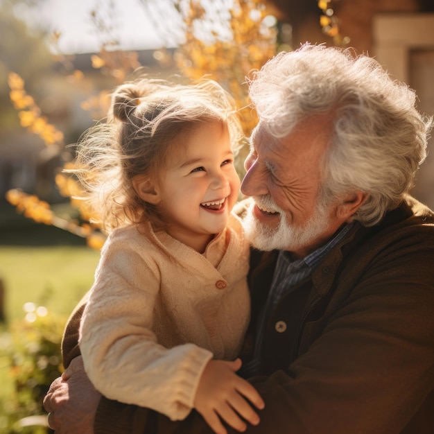 Ein Lifestyle-Foto eines Kindes, das seine Großeltern an einem sonnigen Tag fest umarmt