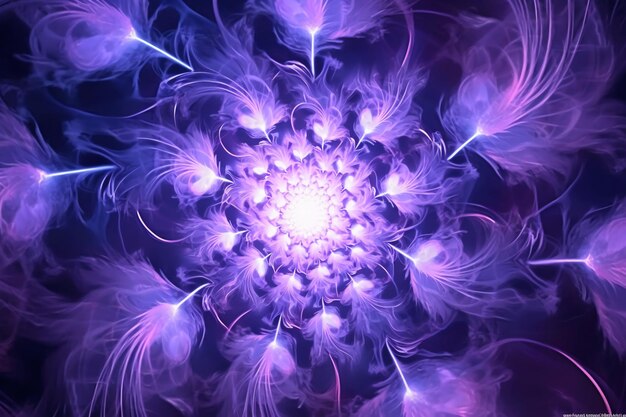 Ein lila-blauer Hintergrund mit einem Muster aus Federn und einer Sternenexplosion.