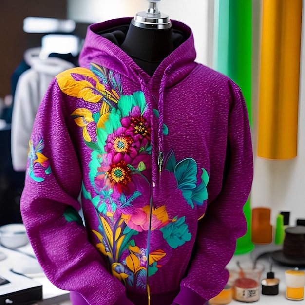 Ein lila-gelber Hoodie mit einem Blumenmuster darauf.