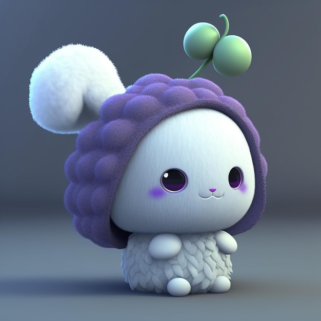 Ein lila Hase mit einem Hut, auf dem „Pflaume“ steht.