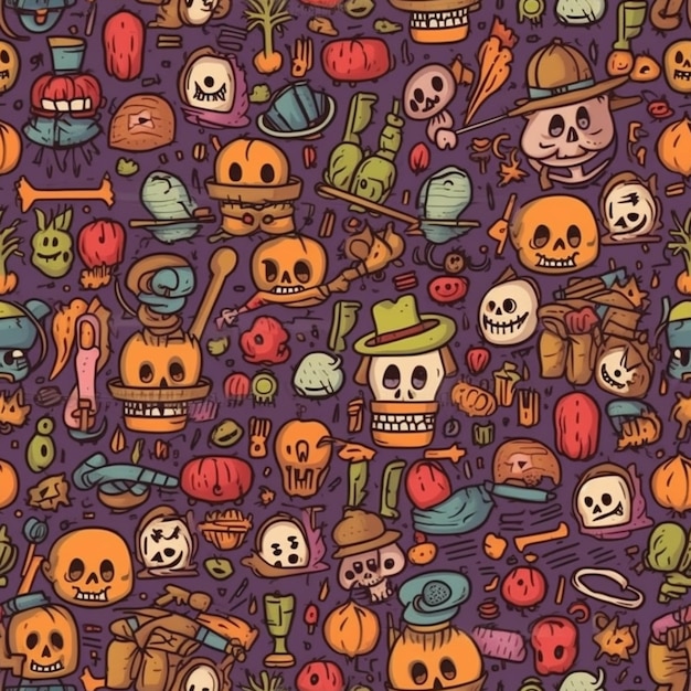 Ein lila Hintergrund mit vielen verschiedenen Halloween-Artikeln, generative KI