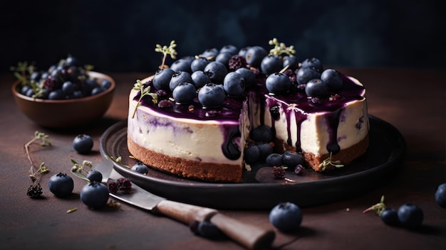 Ein lila Kuchen mit Blaubeeren obendrauf