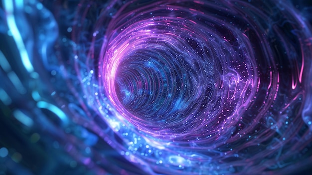 ein lila Planeten mit einem lila Hintergrund und den Wörtern Galaxie im Zentrum Partikelfluss Tunnel s