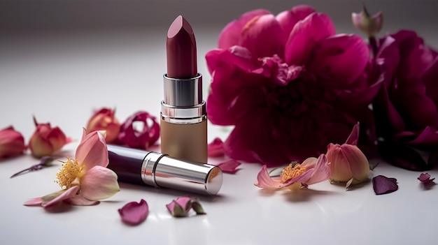 Ein Lippenstift, der auf einem Tisch mit Blumen steht