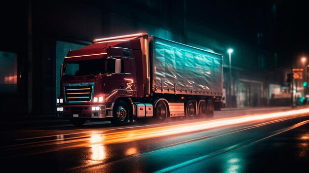 Ein LKW, der nachts durch die Stadt rast, mit Rücklichtern, die einen Eindruck von Geschwindigkeit vermitteln. Generative KI-Illustratorin