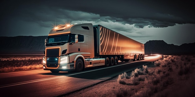 Ein LKW mit Anhänger nachts auf der Straße