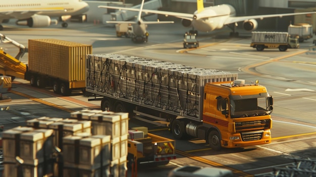 Ein LKW steht auf einem Flugplatz mit vielen Kisten, um Güter für den weiteren Transport in das Flugzeug zu laden