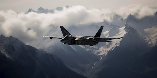 Ein Lockheed Martin F22 durchbricht die Schallmauer über der atmosphärischen Beleuchtung des Überschallknalls der Schweizer Alpen