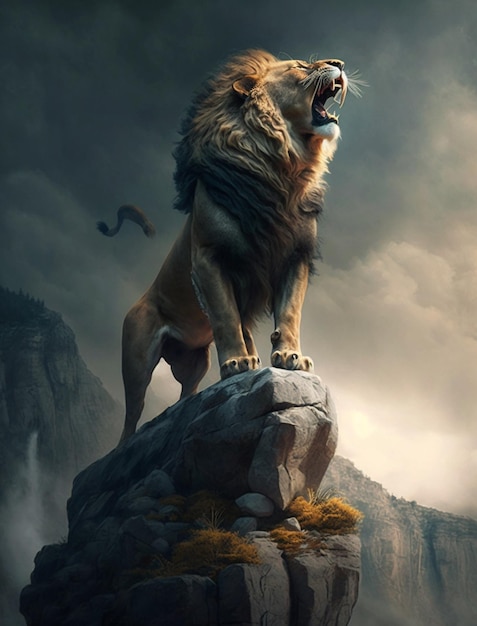 Ein Löwe auf einem Felsen mit einem Berg im Hintergrund