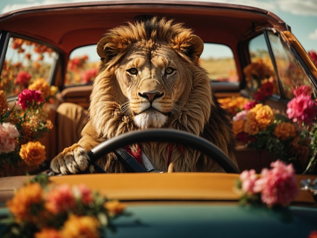 Ein Löwe fährt ein Auto