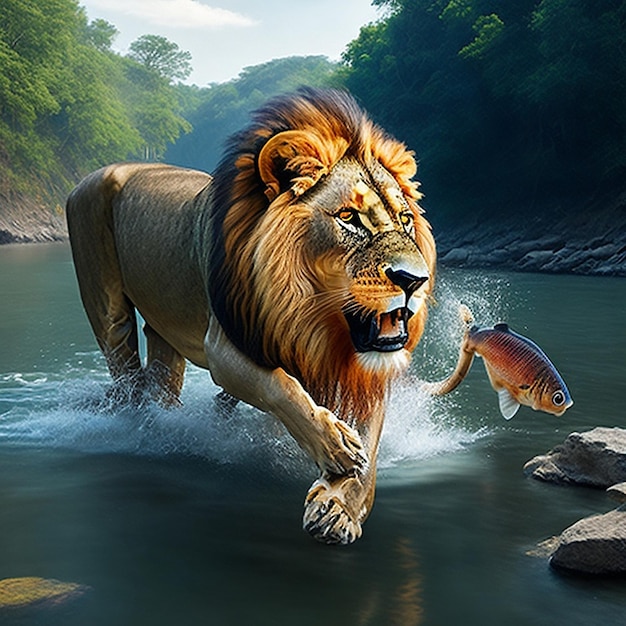 Ein Löwe geht in den Fluss und frisst Fische, KI-generierte Kunst
