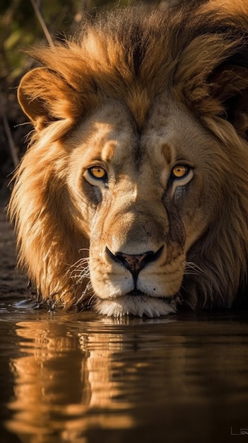 Ein Löwe im Wasser, auf dessen Gesicht die Sonne scheint