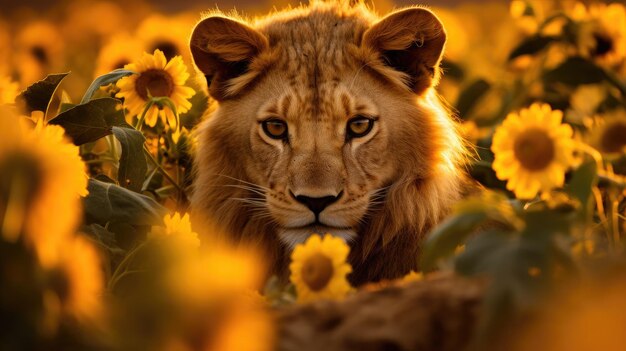 Foto ein löwe in einer blumenwiese