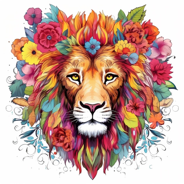 ein Löwe mit bunter Mähne und Blumen auf dem Kopf