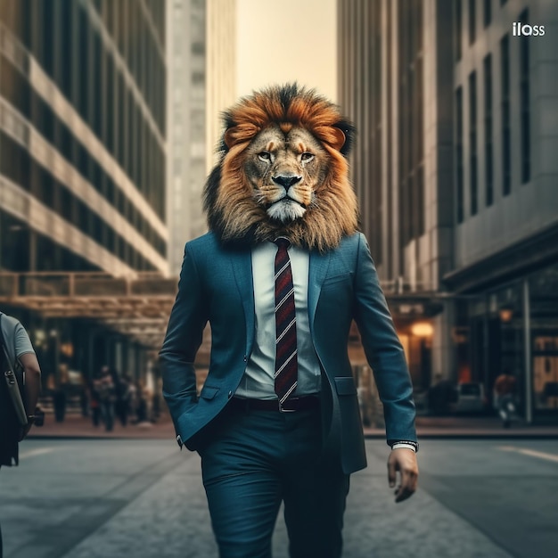 Ein Löwe mit einem Löwen auf dem Kopf geht die Straße entlang