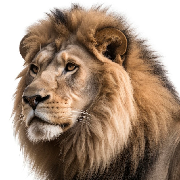 Ein Löwe mit langer Mähne und weißem Hintergrund.