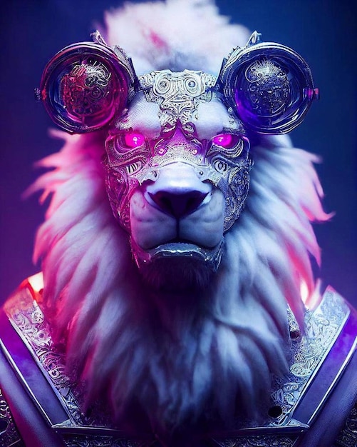 Ein Löwe mit lila Maske und Brille.