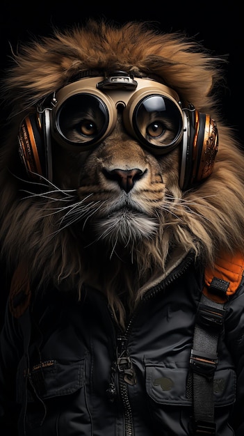 ein Löwe mit Schutzbrille und Jacke