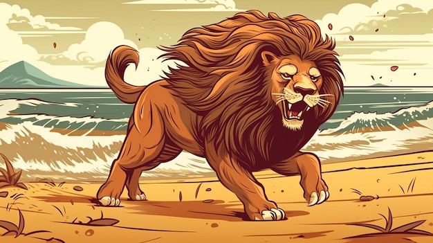 Ein Löwe rannte zum Strand, um zu jagen. Stellen Sie sicher, dass der Löwe wie 6 aussieht