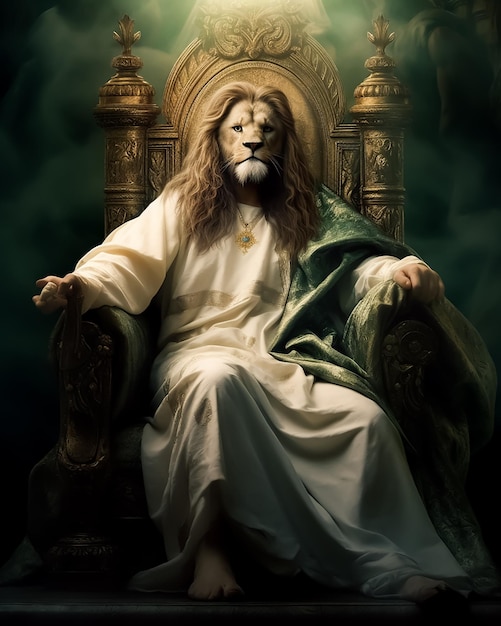 Ein Löwe sitzt auf einem Thron mit grünem Hintergrund
