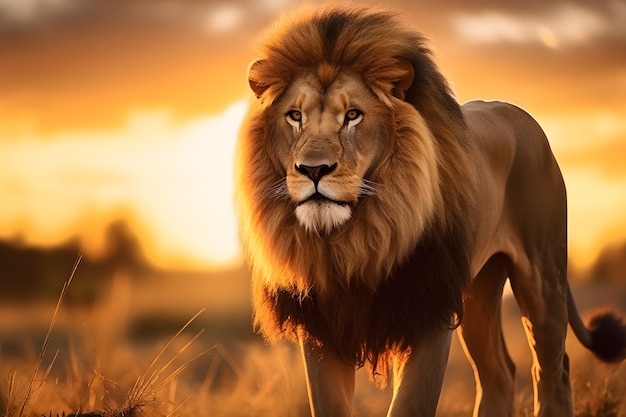 ein Löwe steht bei Sonnenuntergang in einer grasbewachsenen Landschaft