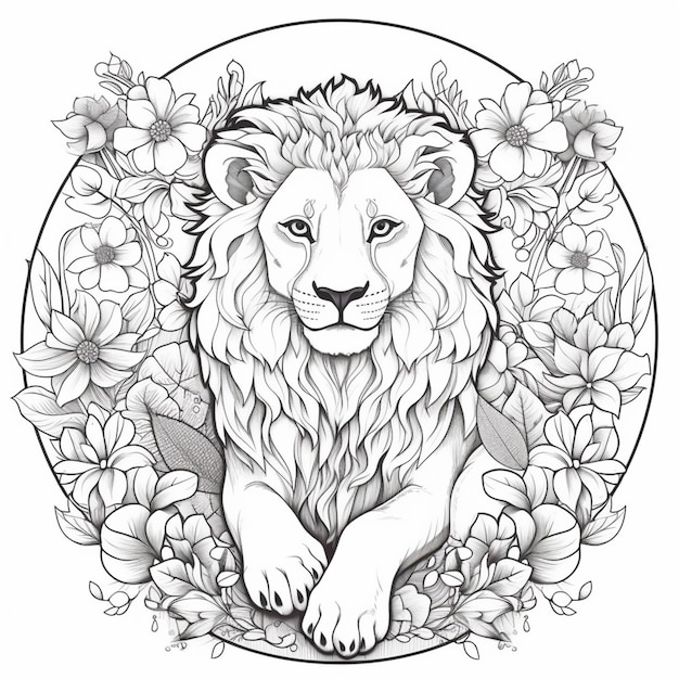ein Löwe, umgeben von Blumen und Blättern in einem Kreis, generative KI