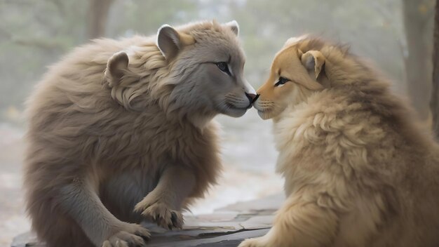 Foto ein löwe und eine löwin, ein ausgestopftes tier und ein eichhörnchen, eine katze, die eine statue einer katze küsst.