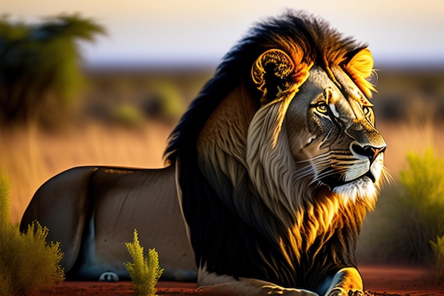 Ein Löwe verfolgt seine Beute in der Savanne Porträt eines afrikanischen Löwen Wilde afrikanische Tiere